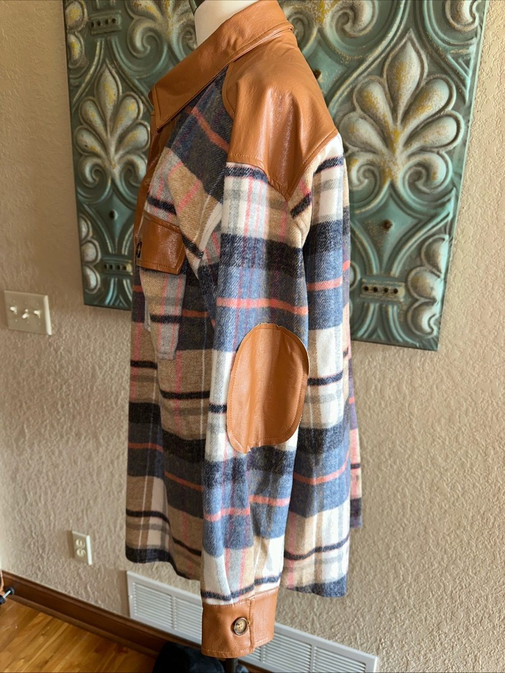 easel Brown Faux Leather Trim Plaid Jacket with Blue and Pink Accents - Picture 3 of 10